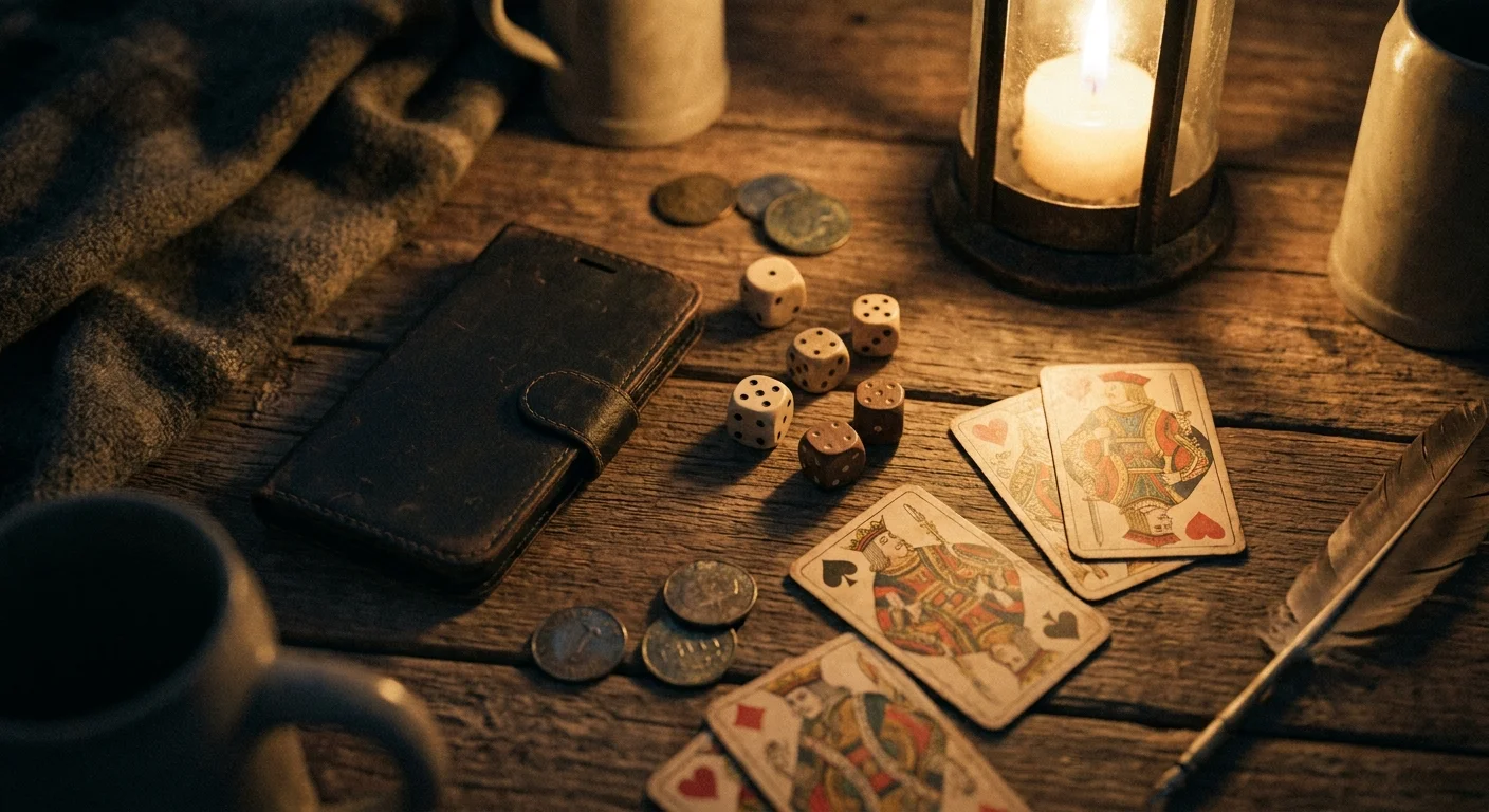 Close-up of a phone running a medieval-themed party game next to dice and cards on a wooden table, moody warm lighting