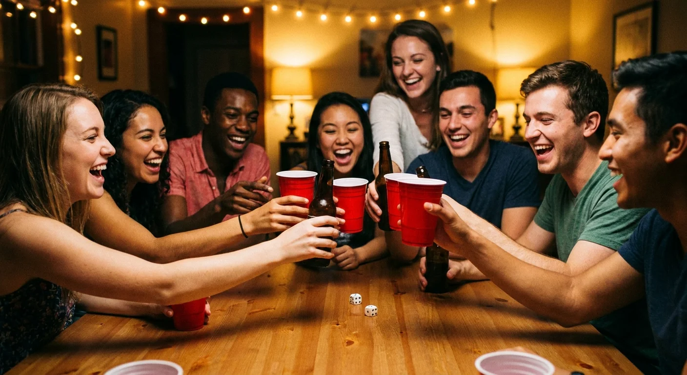 Friends around a table reacting to a dice roll, cups raised, candid laughter in warm dim party light