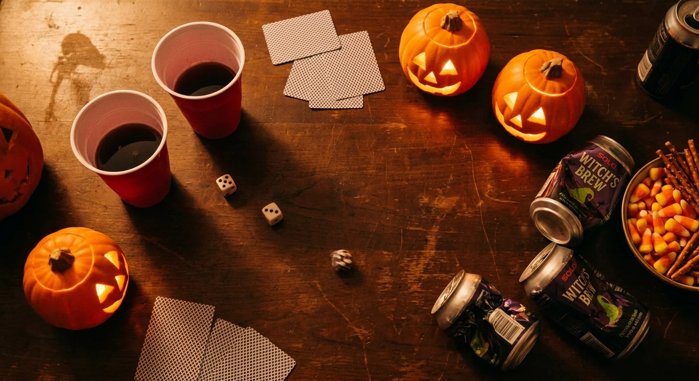 Overhead flat-lay of a Halloween party game table: red Solo cups, dice, scattered playing cards, and small carved jack-o-lanterns under warm lamplight