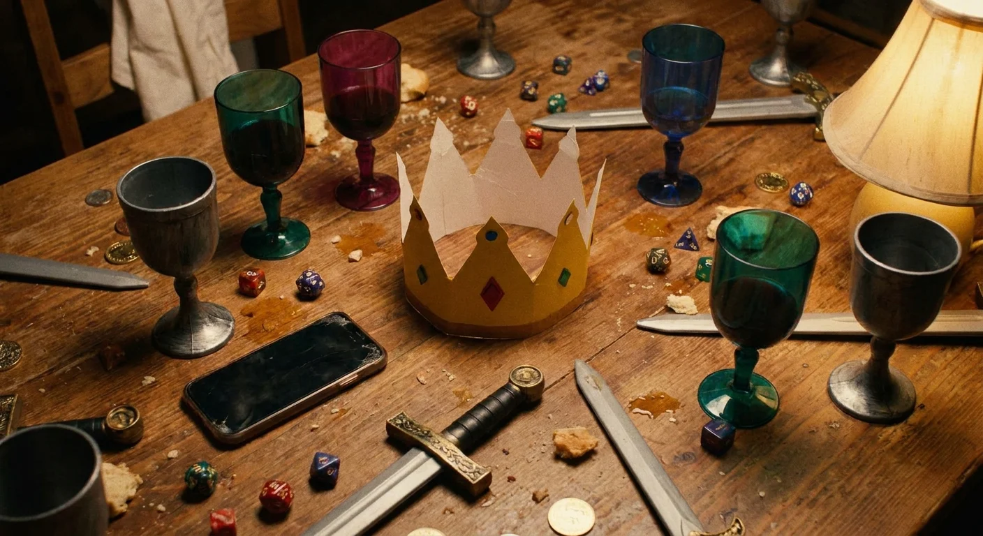 Overhead shot of a knights-themed party table: plastic goblets, dice, a phone running a party game, and a paper crown in the center, warm lamplight