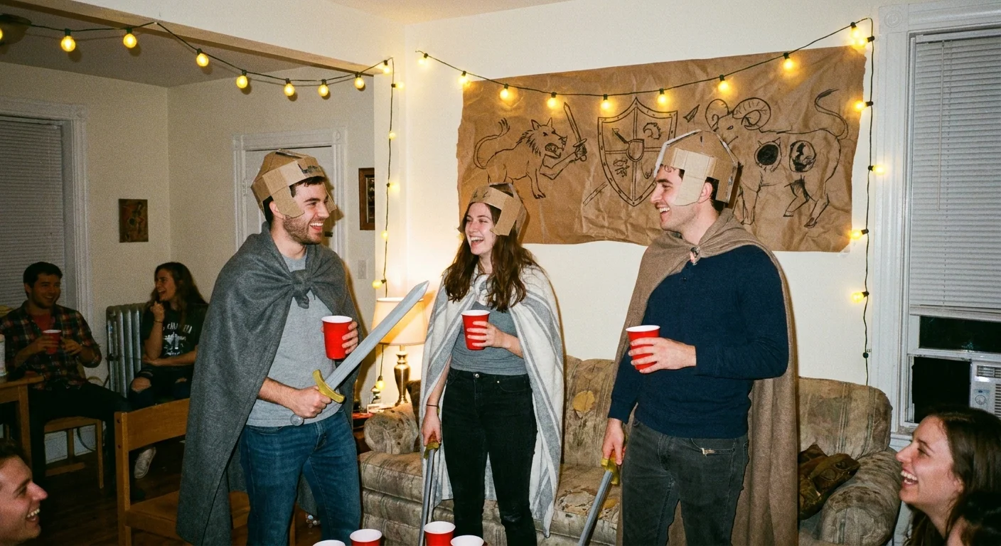 Friends in their twenties wearing makeshift medieval costumes, holding red cups and laughing in a warm apartment with string lights and a faux-heraldic banner on the wall