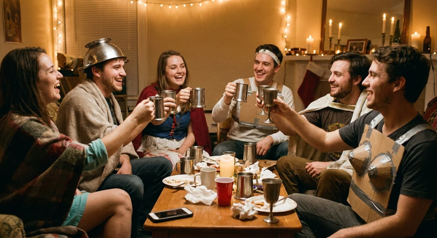 A group of friends in casual knight and medieval costumes toasting over drinks while a phone runs a party game on the table, cozy warm lighting