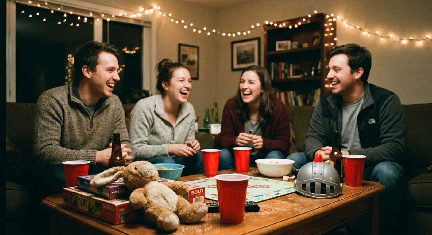 Friends in their twenties laughing around a coffee table littered with red cups, a plush toy rabbit, and a toy helmet, warm string lights overhead