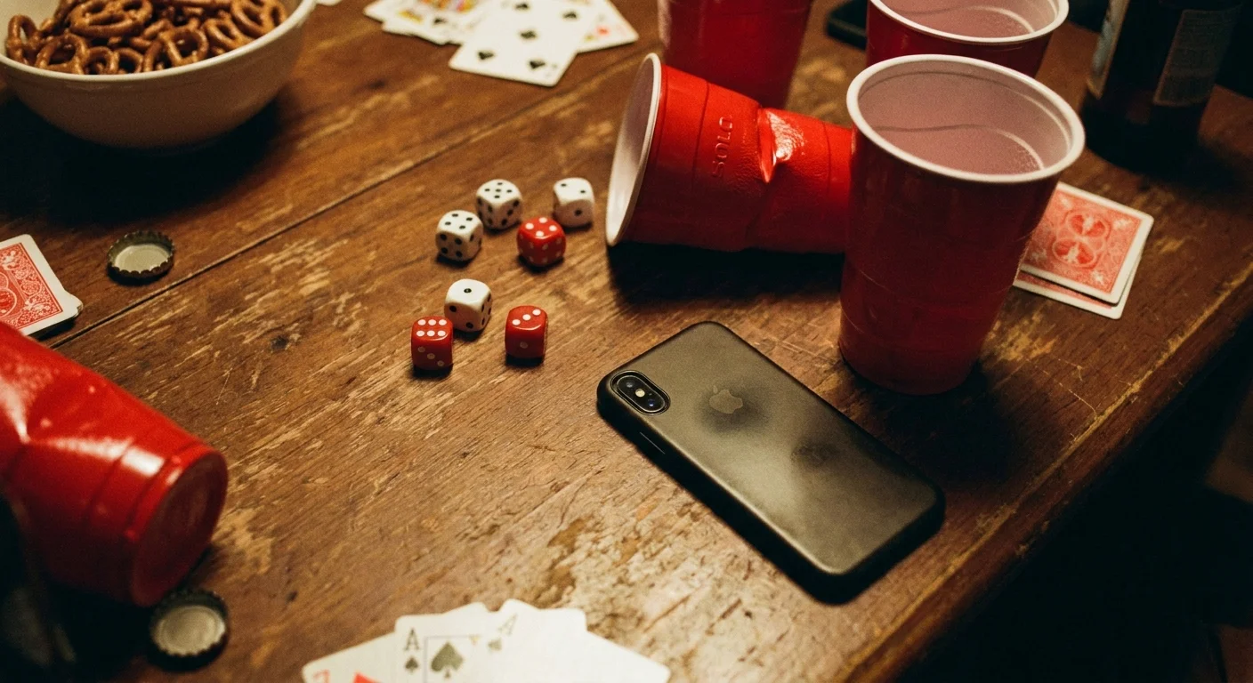 Close-up of dice, red Solo cups, and a phone showing a medieval-themed party game on screen, moody warm apartment lighting