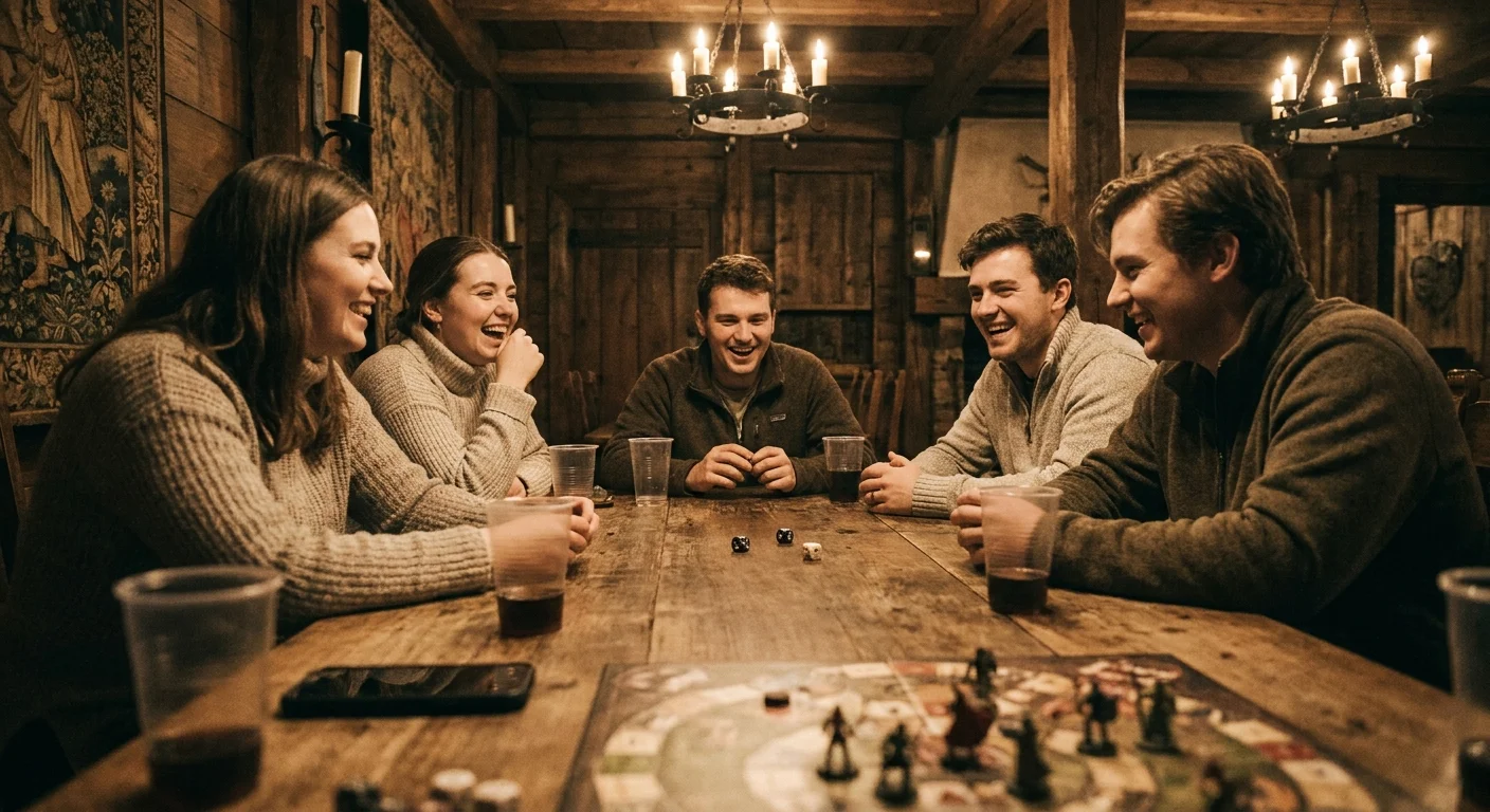 A group of friends in their twenties sitting around a wooden table rolling dice and laughing, plastic cups and phones in front of them, warm candle-style lamps overhead