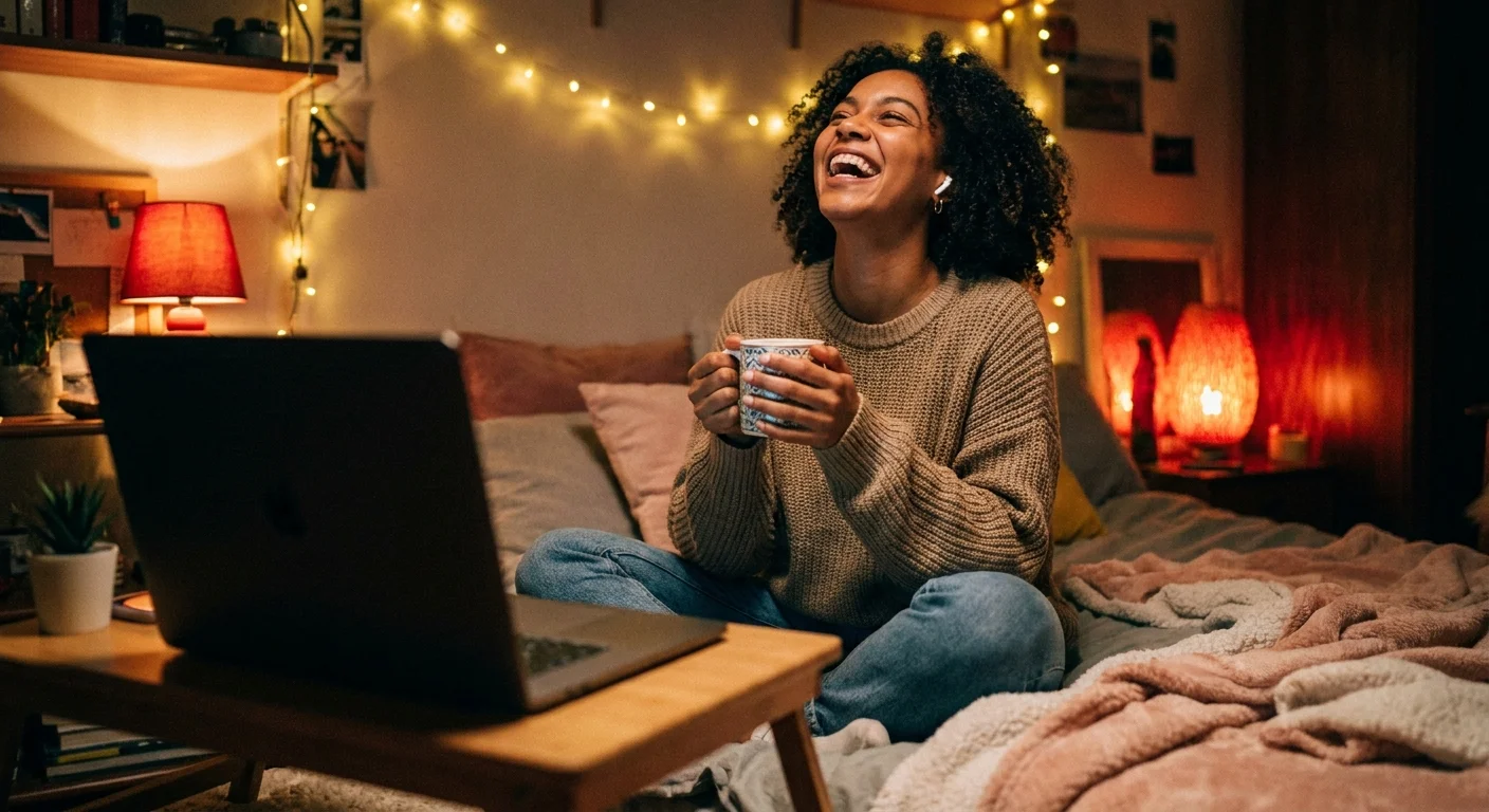 A friend laughing with a drink in hand and earbuds in, cozy bedroom with warm string lights, a relaxed remote-hangout vibe
