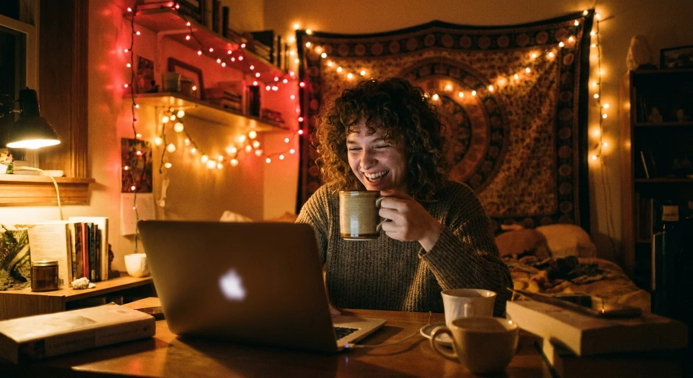 A young adult smiling and raising a drink toward a laptop webcam in a warm room strung with string lights, the screen turned away from the camera