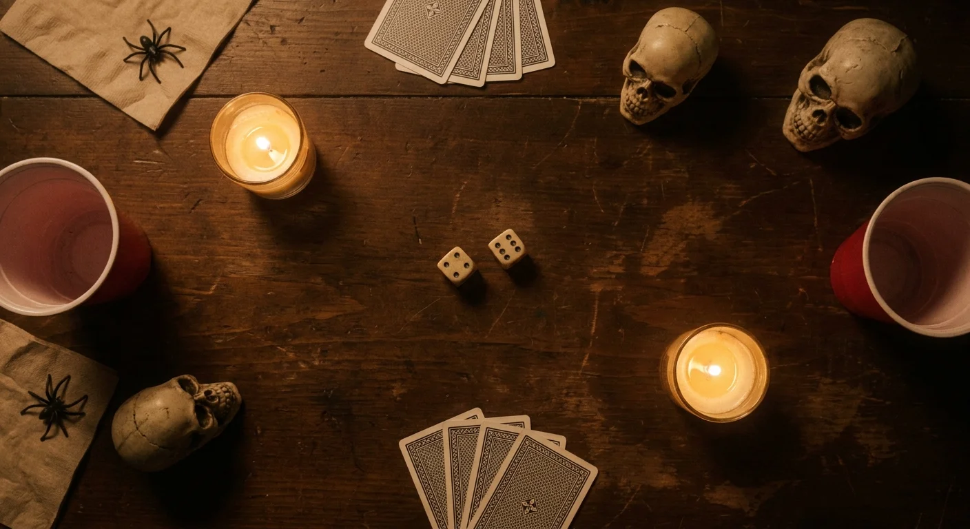 Overhead flat-lay of a spooky game-night table: dice, playing cards, two lit candles, red Solo cups, and small decorative skulls in warm candlelight