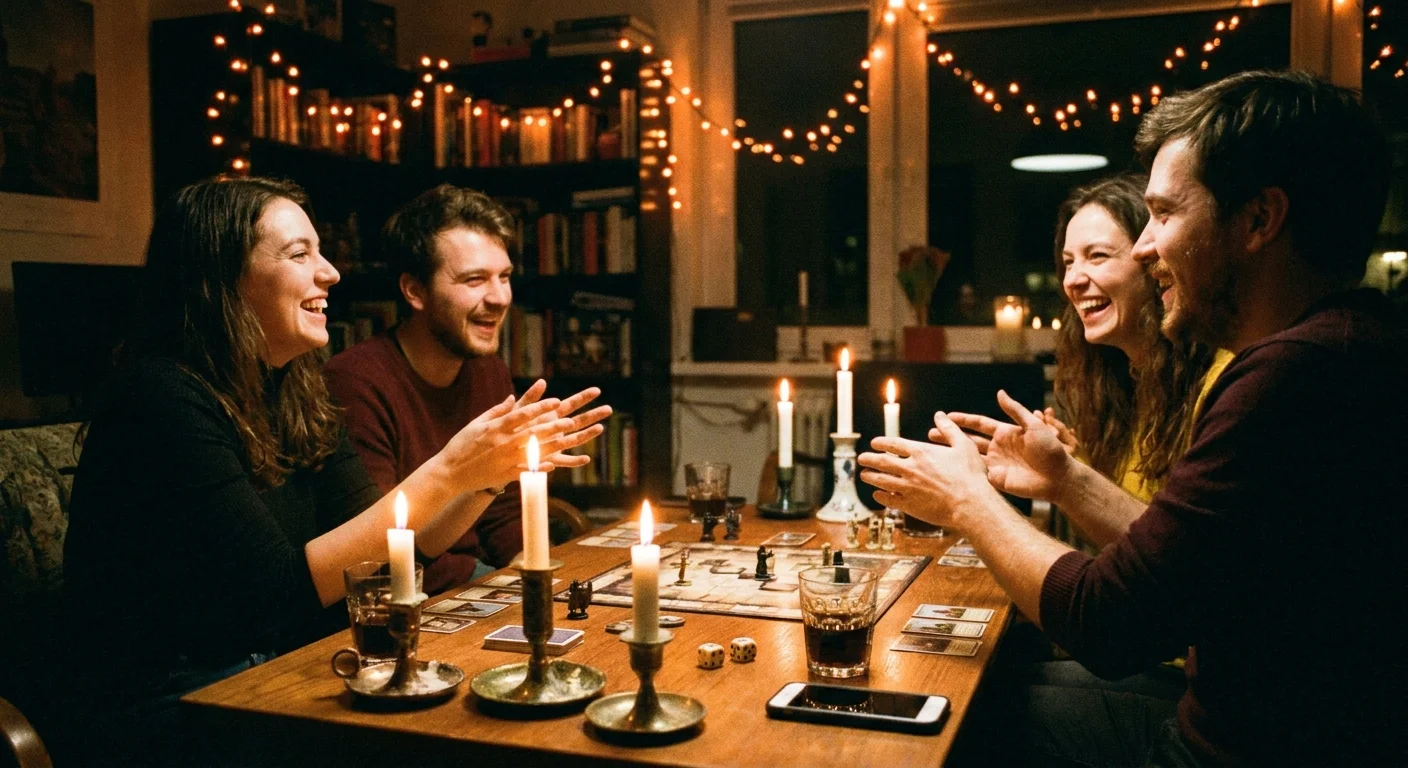 Friends around a candlelit table for a spooky game night, dice and drinks between them, warm candle glow and string lights