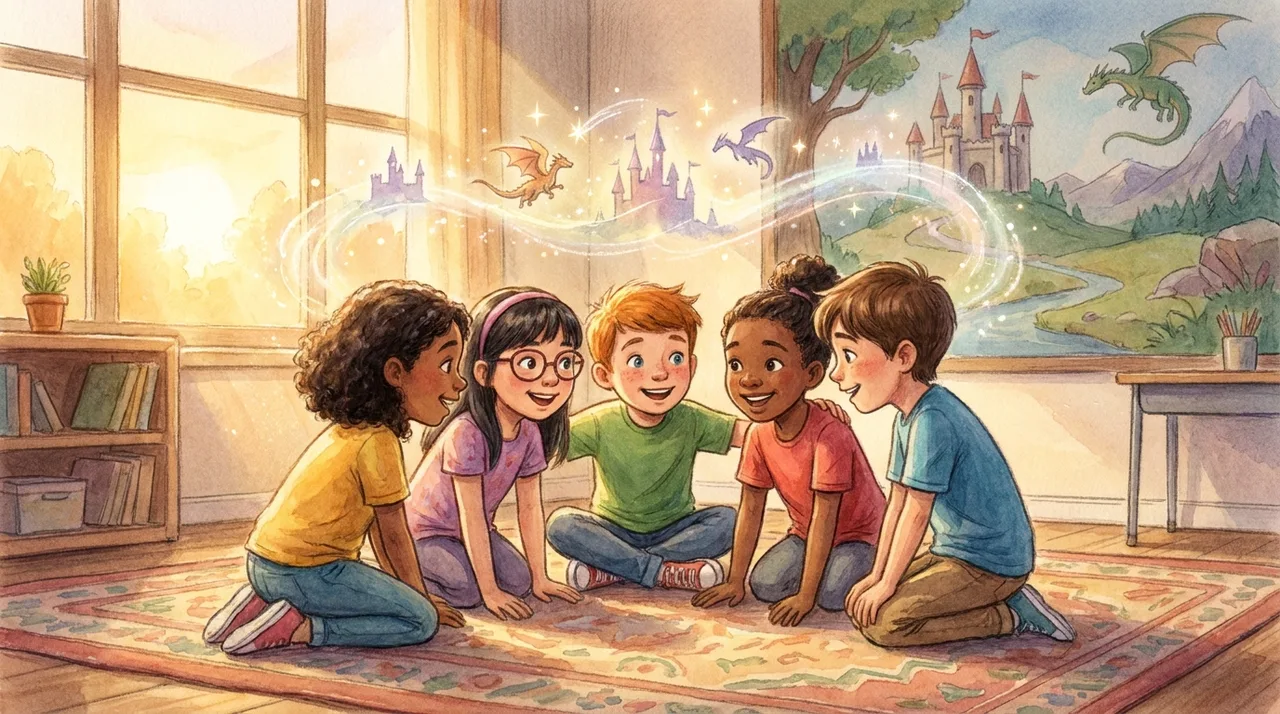 A small group of young students sitting in a circle, leaning in with delight as they imagine a shared adventure story together