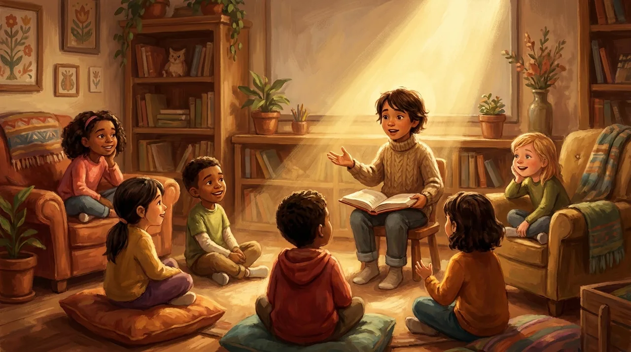 One student reading aloud to attentive classmates seated in a circle, with a soft spotlight suggesting every child gets a turn to be heard