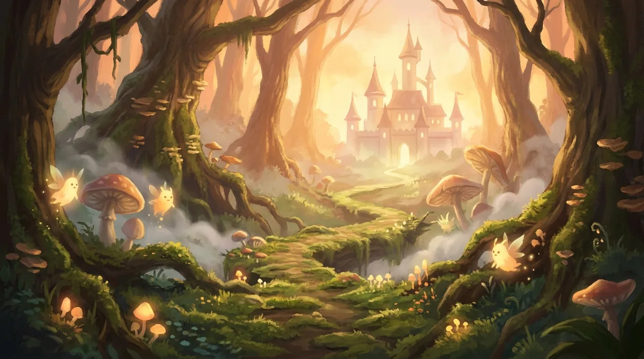 A misty enchanted forest path winding toward a distant glowing castle at dawn, the kind of fantasy scene students picture as they read