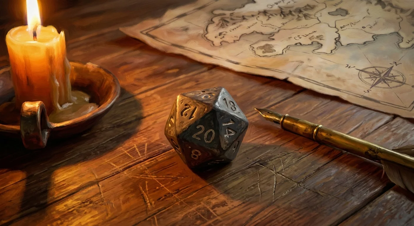 A close-up of a single twenty-sided die resting on a worn wooden table beside a hand-sketched map and a quill