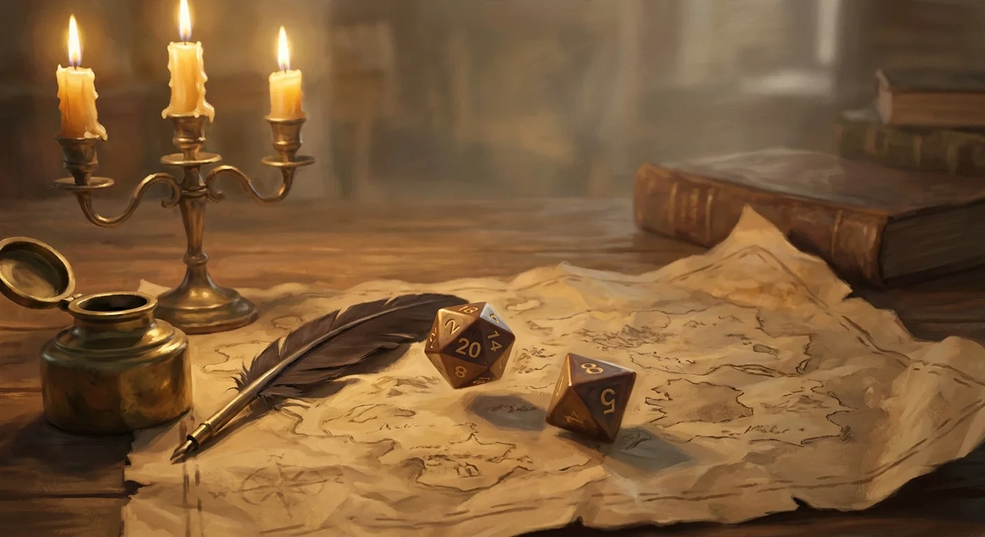 A pair of candlelit dice rolling across parchment beside an ink pot and a feather quill, dramatic warm light