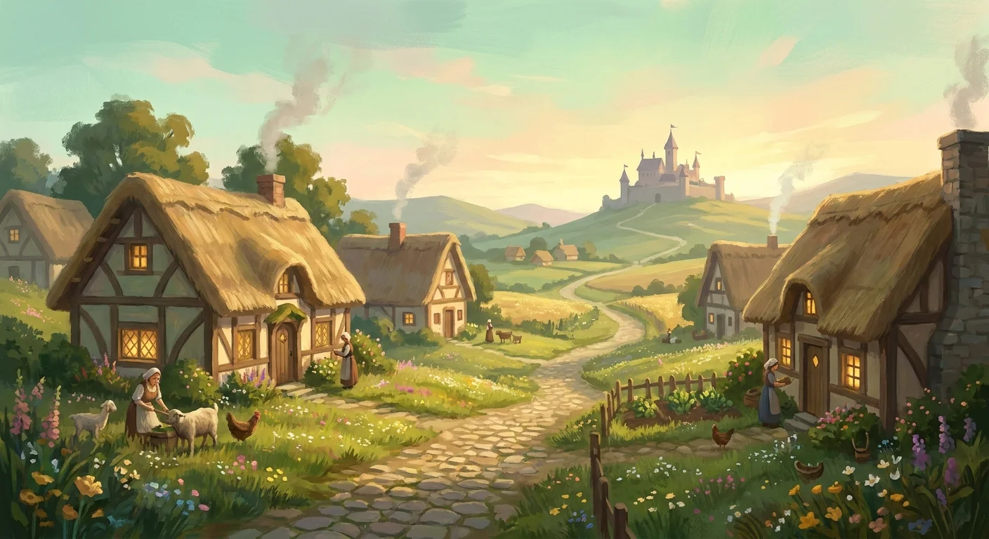 A peaceful storybook fantasy village of thatched cottages with a winding path leading to a distant hilltop castle