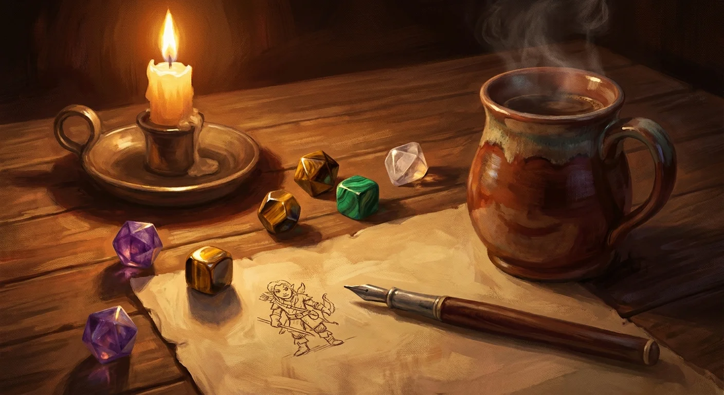 A candlelit close-up of colorful gemstone dice, a quill, and a hand-sketched fantasy character on parchment beside a steaming mug
