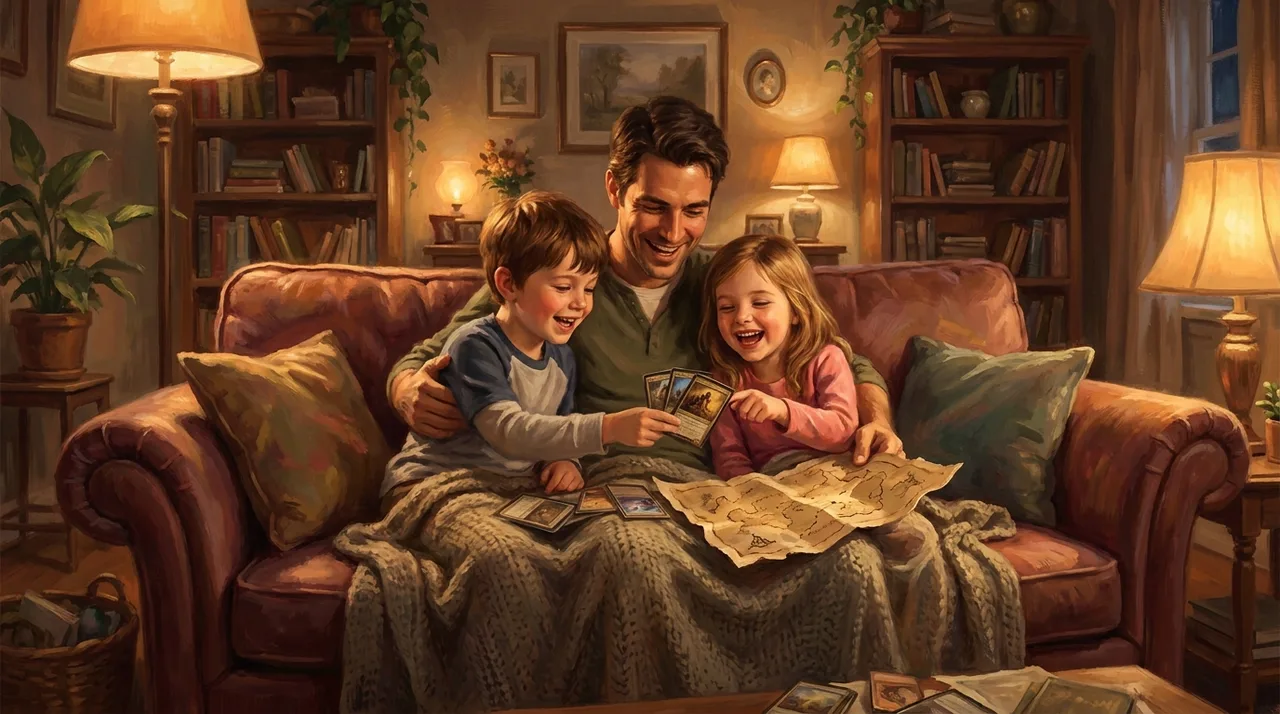A parent and two young children on a couch reading adventure cards and a hand-drawn treasure map together