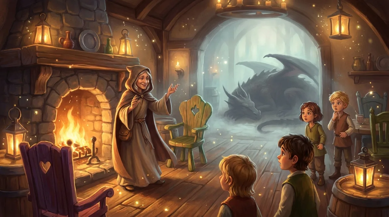 A friendly hooded storyteller gesturing by a fireplace while children watch and a dragon looms in the misty background