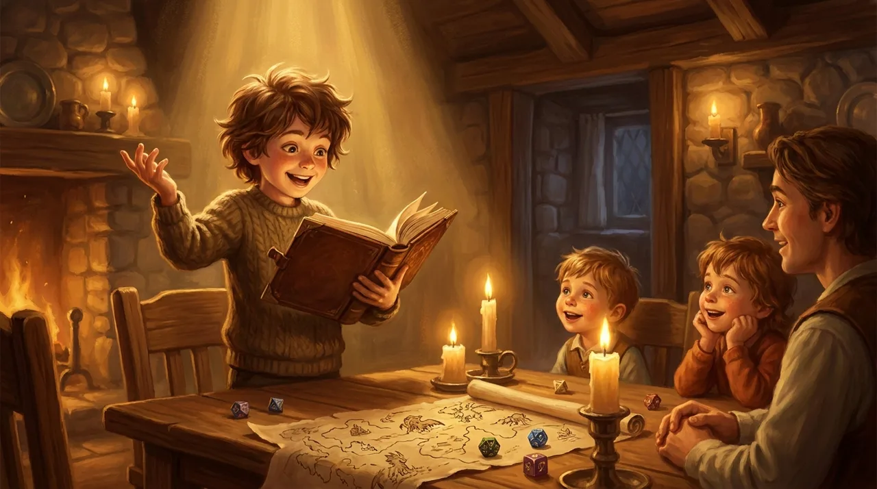 A child standing and reading aloud from a storybook to younger kids at a candlelit table with a fantasy map and dice