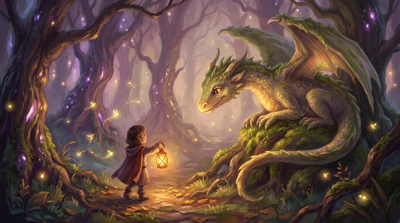 A small child holding a lantern meeting a friendly dragon on a glowing path in an enchanted forest