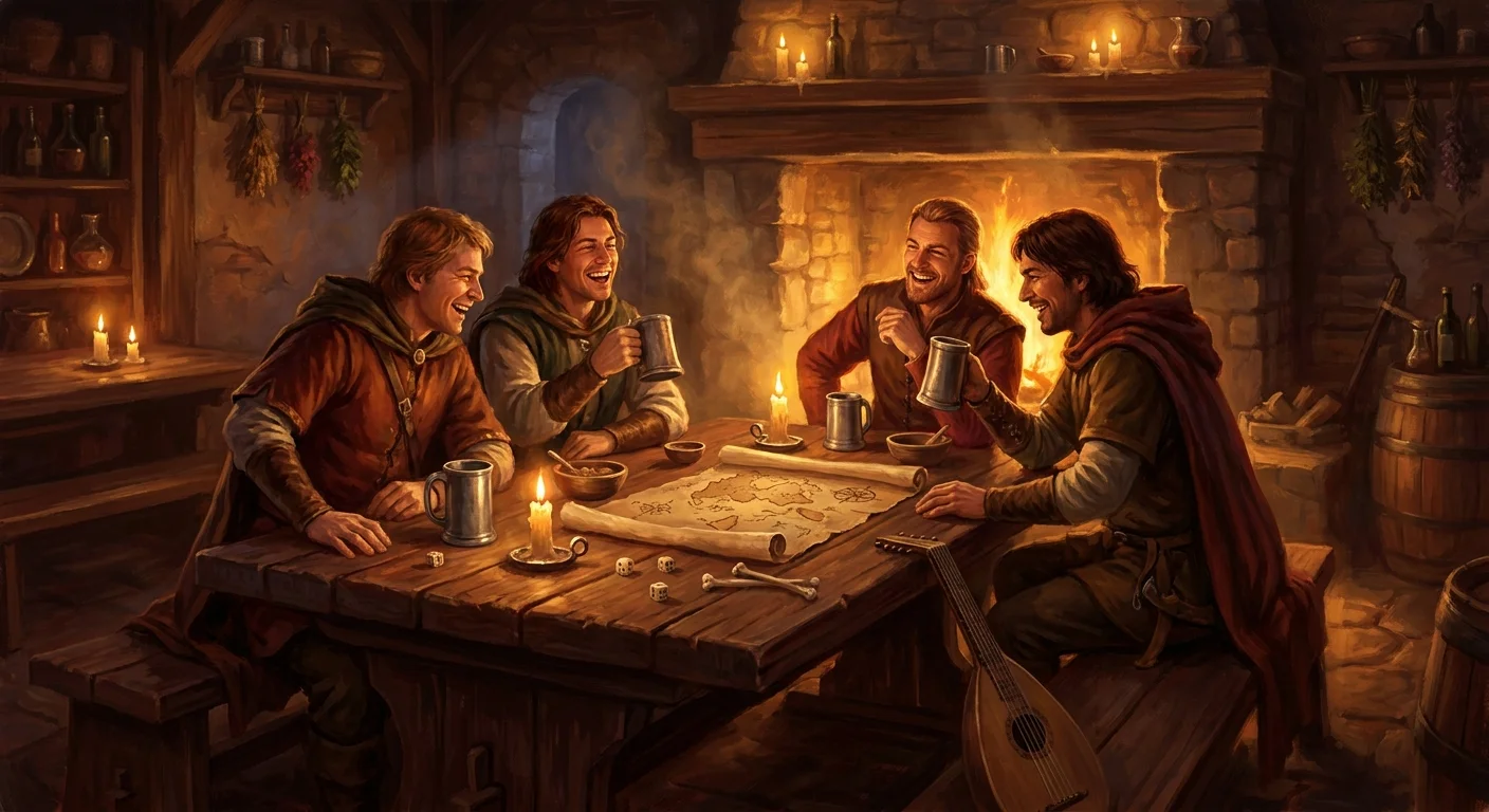 A warm candlelit tavern scene with friends gathered around a wooden table, dice and mugs, a fantasy map unrolled between them