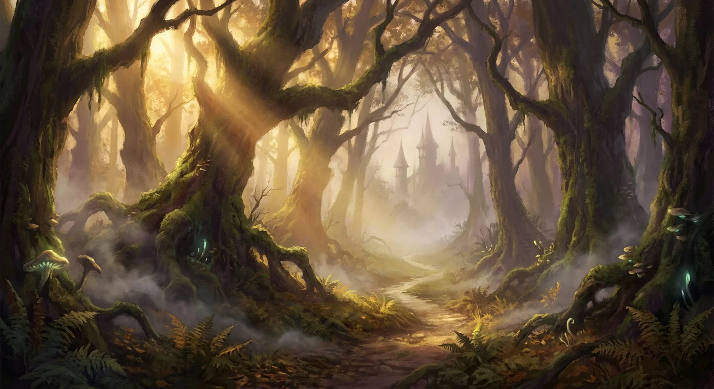 A misty fantasy forest at golden hour with a narrow winding path leading toward distant castle spires