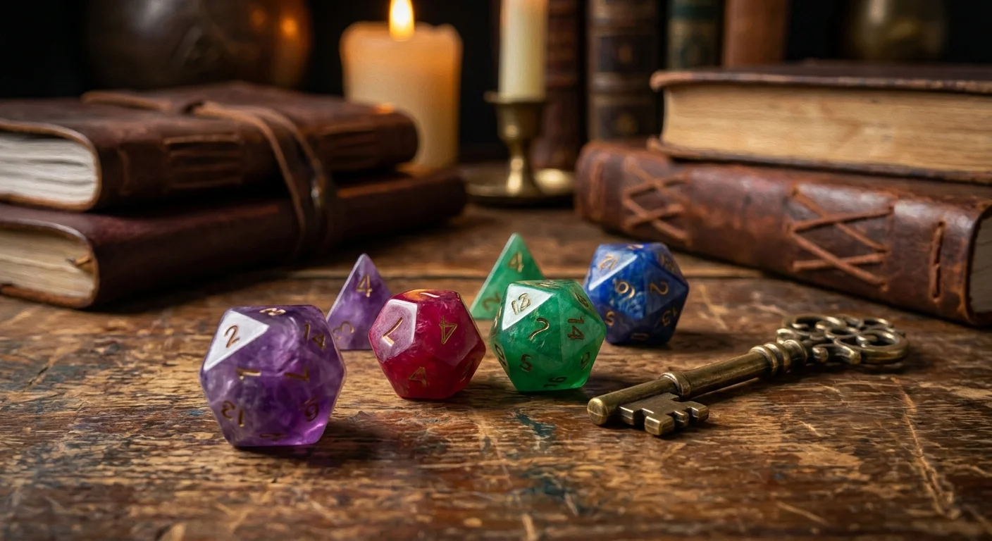 A close-up of colorful polyhedral dice tumbling across a wooden table beside a leather bound journal and a brass key