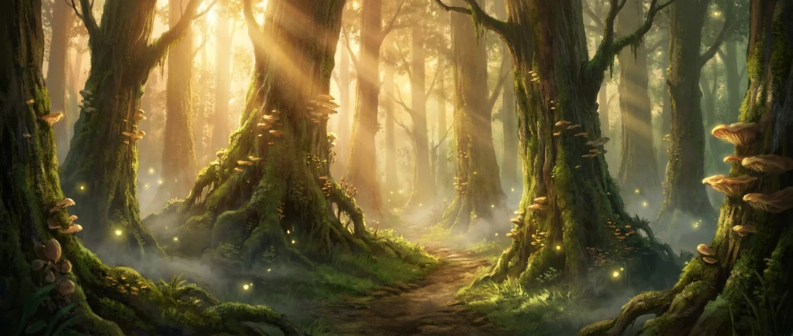 A misty enchanted forest at dawn with golden sunlight and a narrow path winding into ancient trees