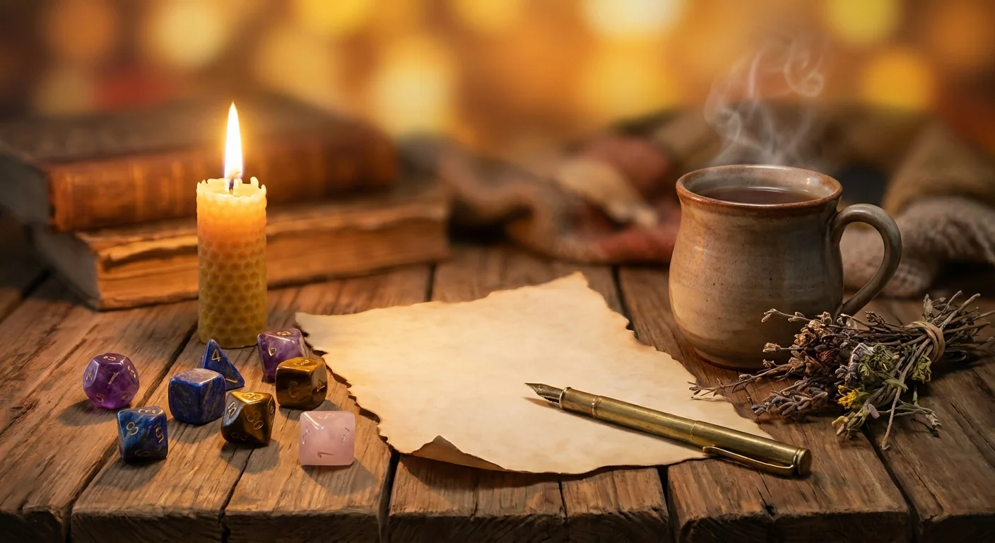 A candlelit close-up of colorful dice, a brass quill, blank parchment, and a steaming mug on a wooden table