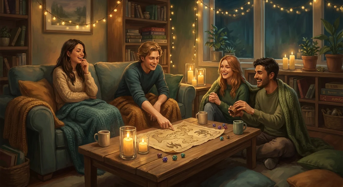Friends laughing together on a couch around a treasure map and dice during a cozy candlelit game night