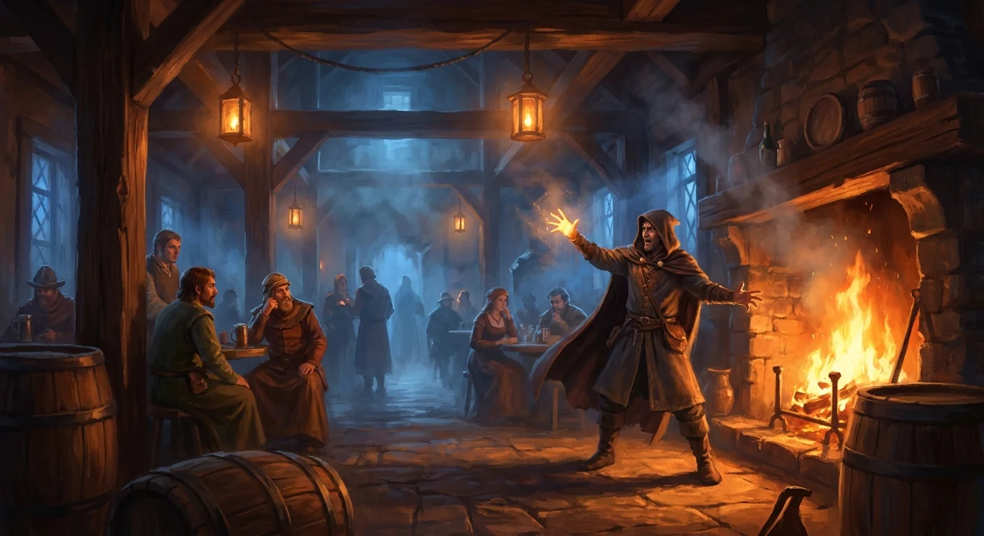 A hooded storyteller gestures dramatically beside a roaring hearth in a candlelit fantasy tavern full of patrons