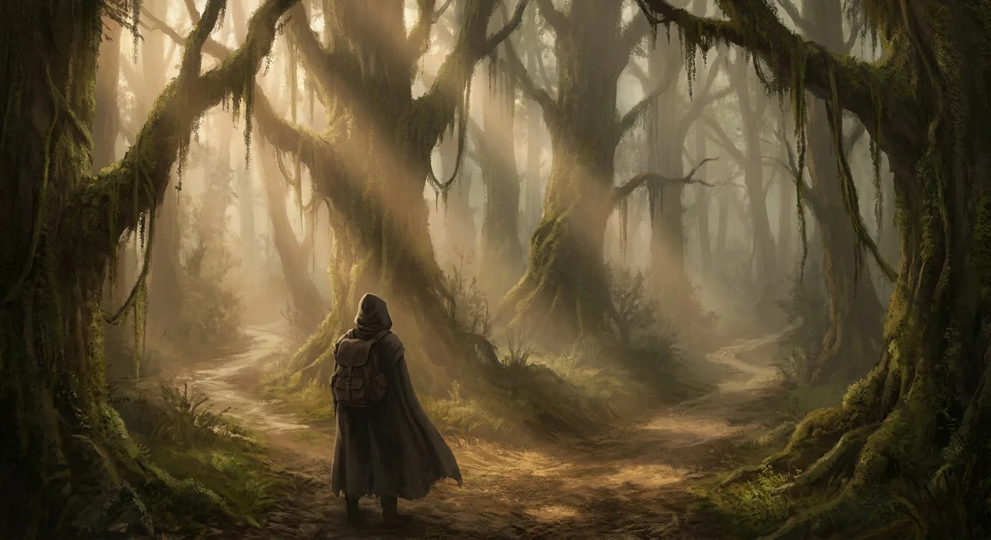 A lone cloaked adventurer stands at a forked dirt trail in a misty sunlit ancient forest, deciding which way to go
