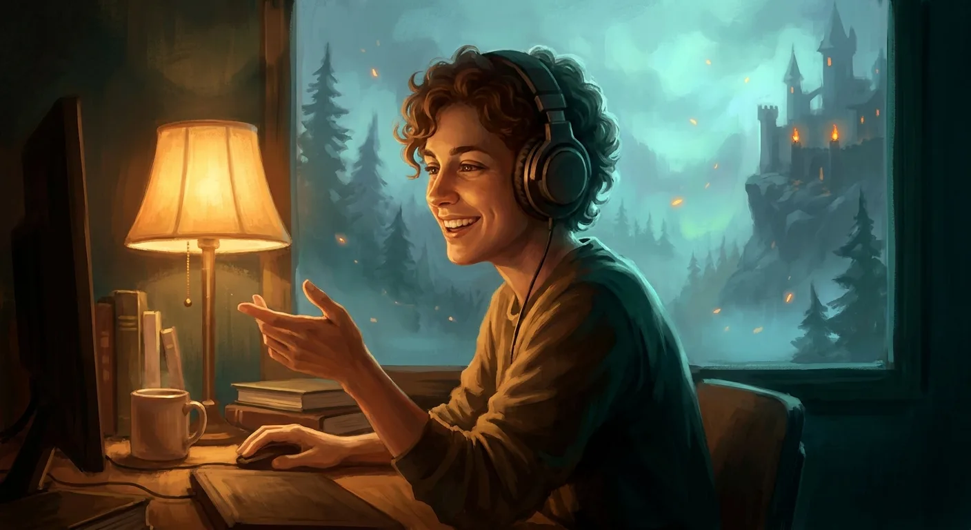 A person wearing headphones at a warm lamp-lit desk at night, smiling and talking with friends, a misty fantasy castle glowing through the window behind them