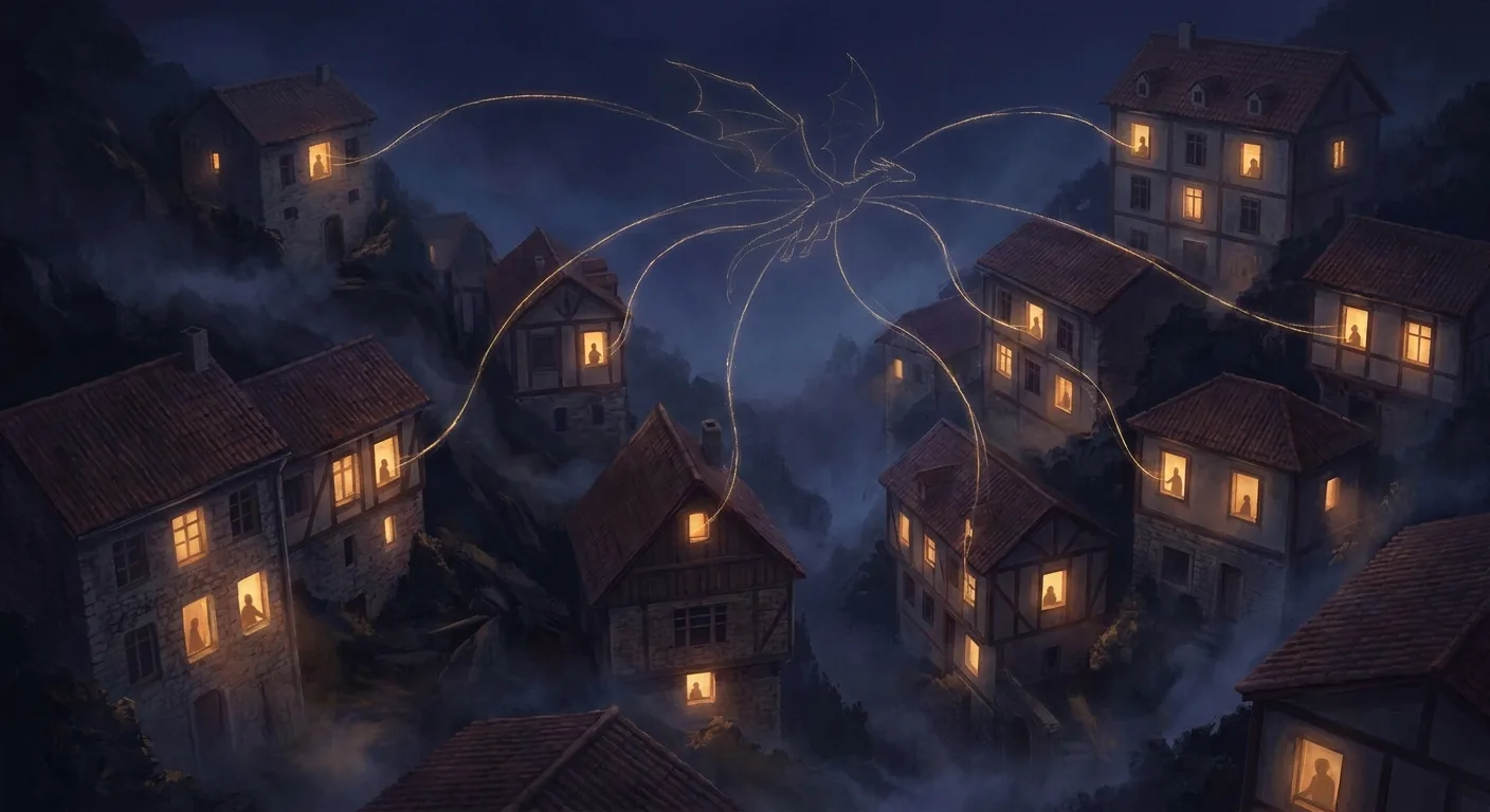 An aerial night view of cozy glowing windows across a hillside town, linked by threads of light that form a soaring dragon constellation