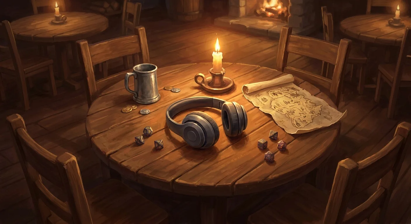 A candlelit fantasy tavern table with dice, a parchment map, a pewter mug, and a pair of headphones resting in the middle
