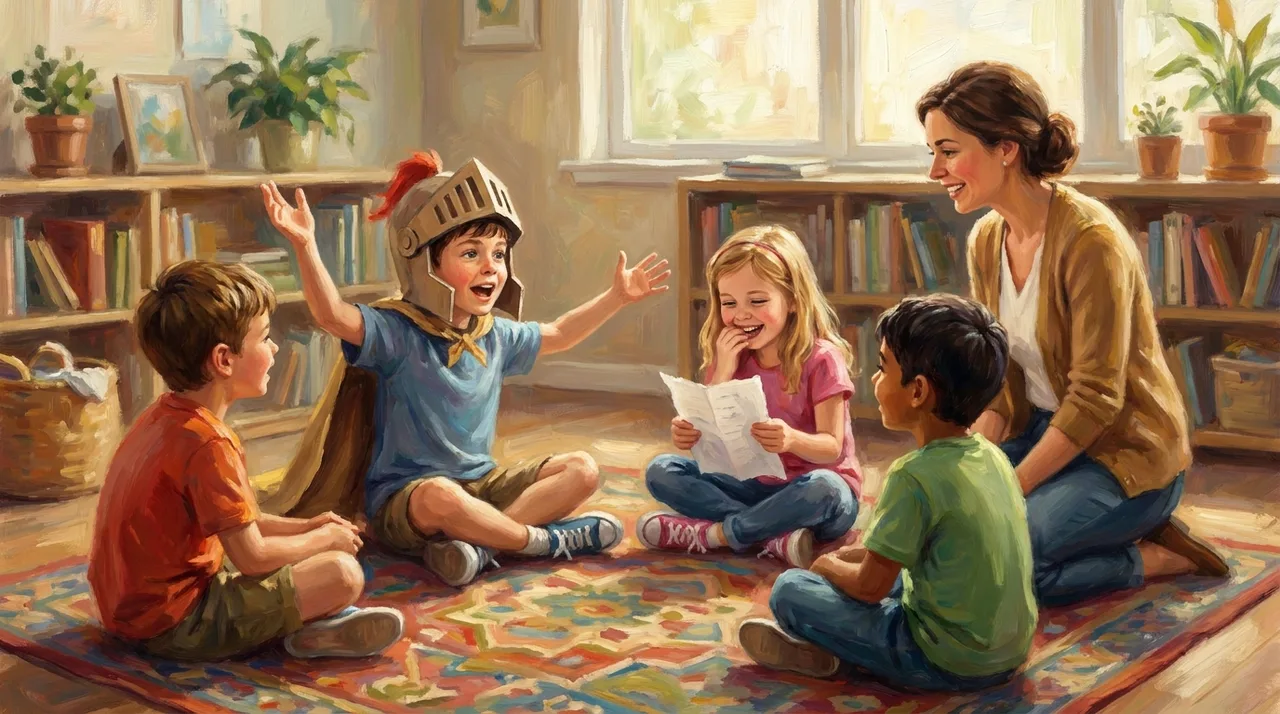 A small circle of elementary kids on a rug performing a story aloud, one acting out a knight while a teacher kneels and smiles