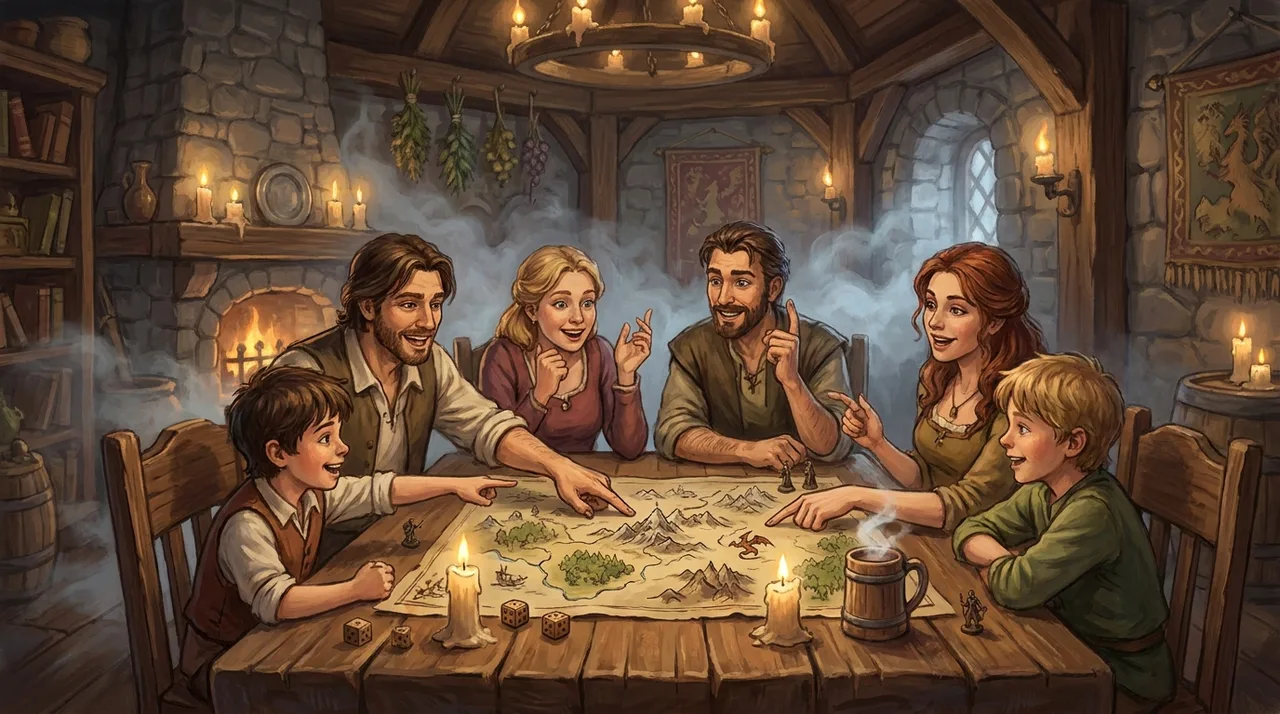 A warm candlelit table where a family takes turns telling parts of a fantasy adventure over a map, mugs and dice nearby