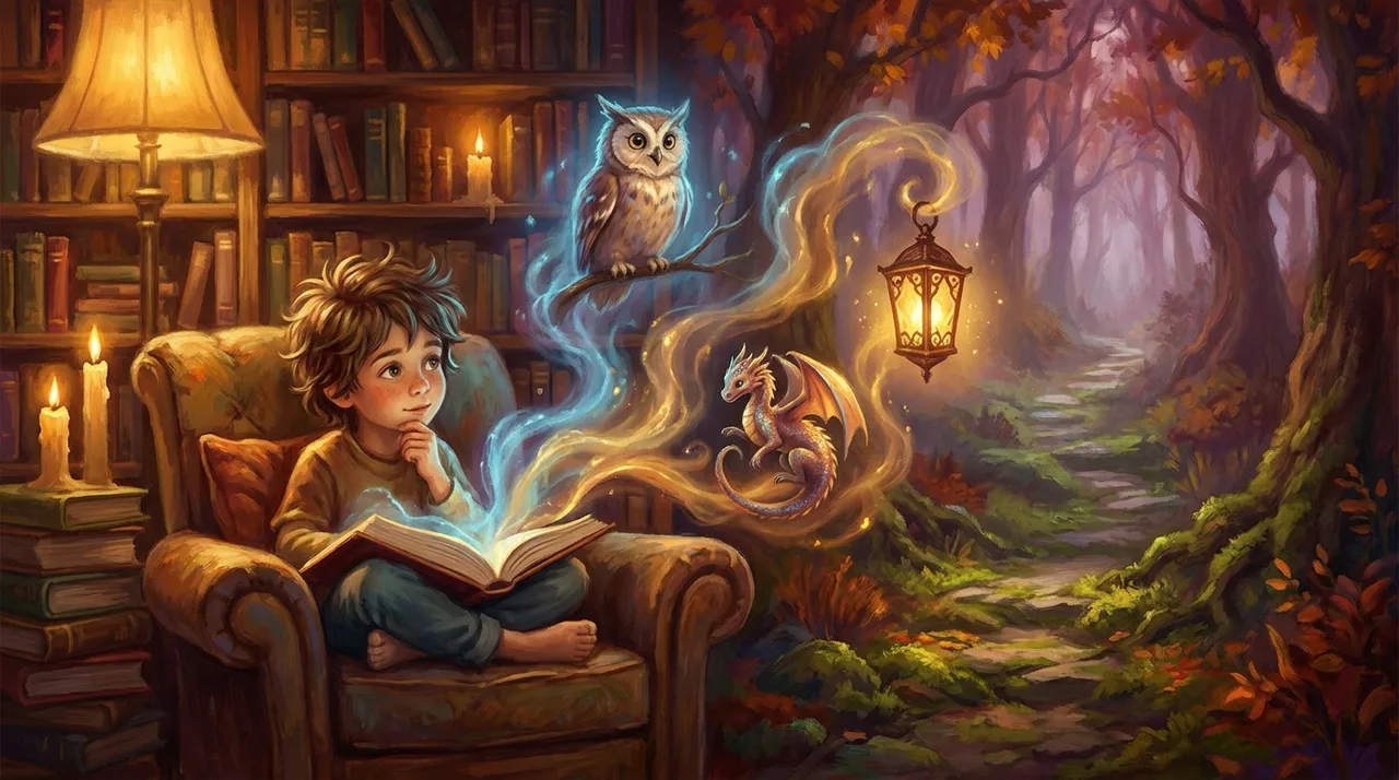 A curious child reading in an armchair while a glowing owl, a small dragon, and an enchanted forest path rise from the open book