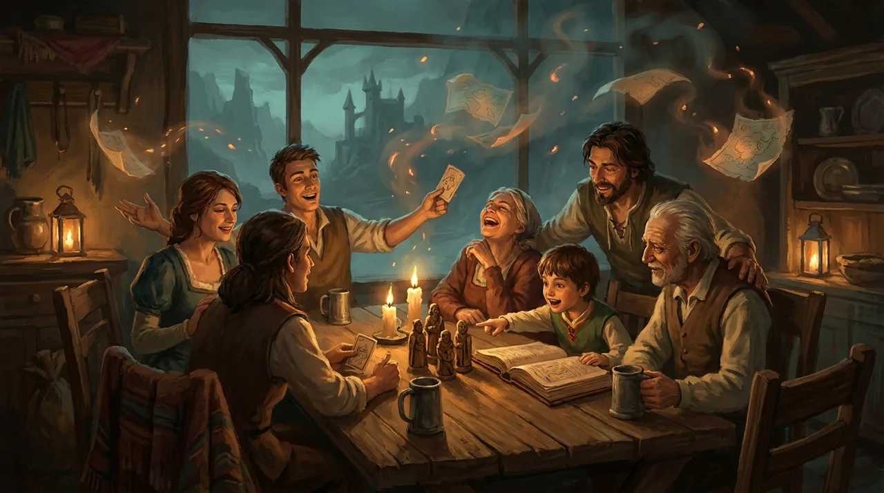A family of mixed ages gathered around a candlelit table, laughing and pointing as a fantasy adventure unfolds in the background