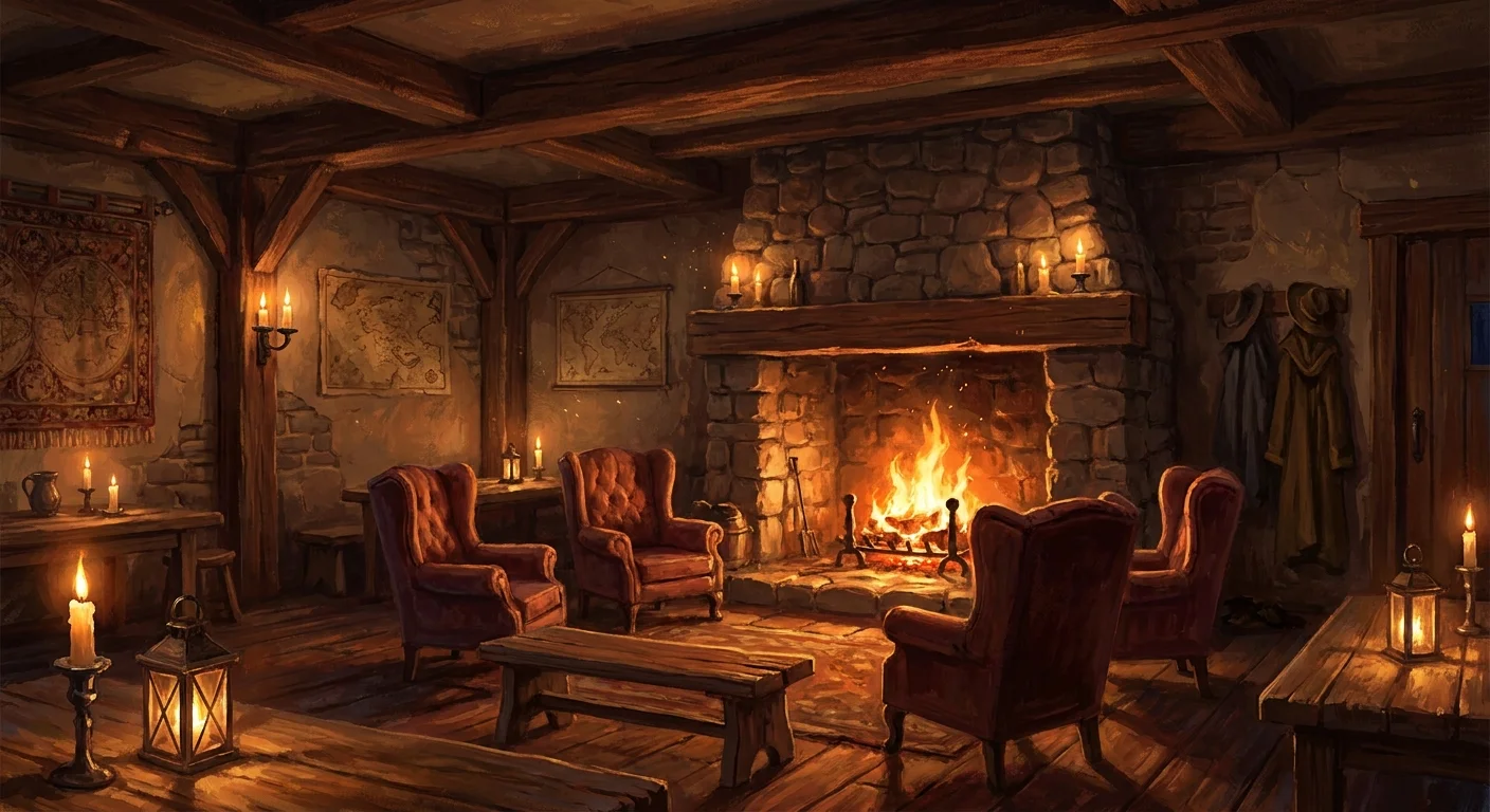 A candlelit inn interior at night with a roaring fireplace, wooden beams, and a sense of adventure waiting to begin