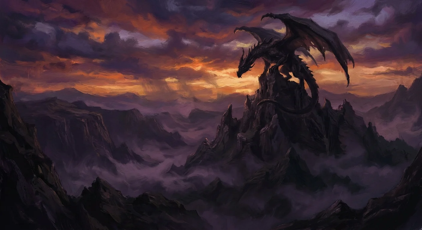 A dramatic painterly scene of a dragon silhouette perched on a mountain at sunset, moody and atmospheric
