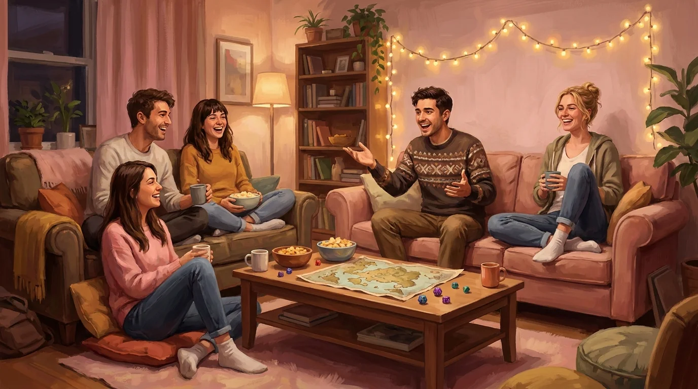 A group of friends laughing on couches with snacks, mugs, a fantasy map, and dice under warm string lights