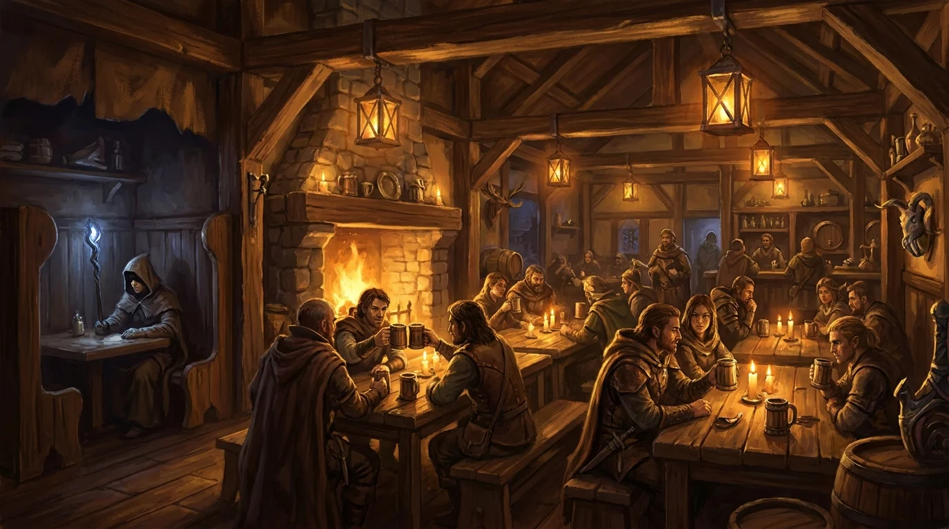 A warm candlelit fantasy tavern full of cloaked patrons gathered at long wooden tables by a stone hearth