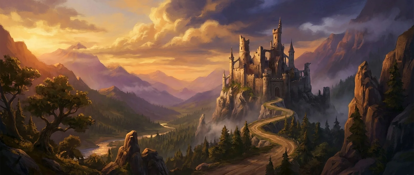 An ancient stone castle on a misty cliff at golden hour with a winding road leading up to the gates