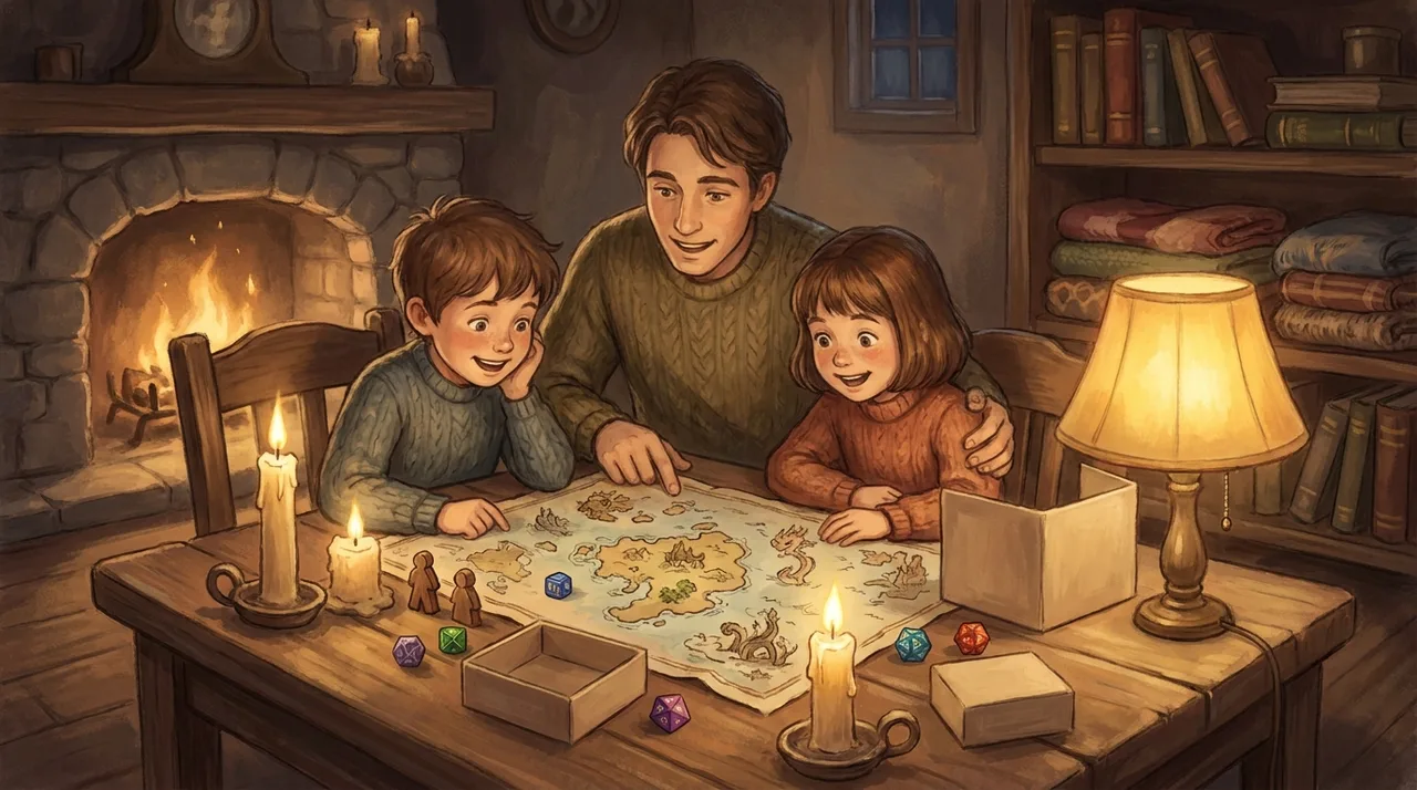A parent and two children laughing together on a couch as they imagine a candlelit fantasy tavern during a cozy game night