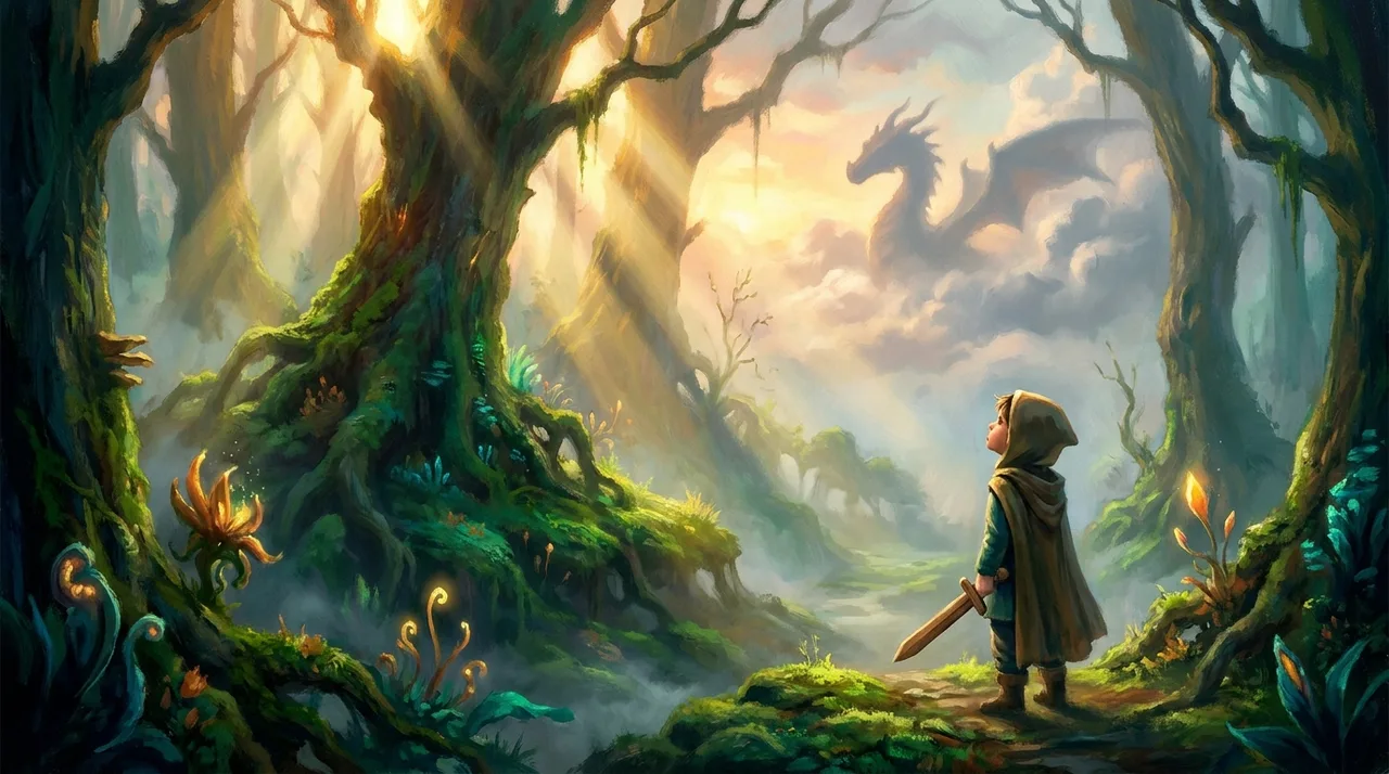 A small child stands bravely at the misty edge of an enchanted forest path at dawn with a friendly dragon in the clouds